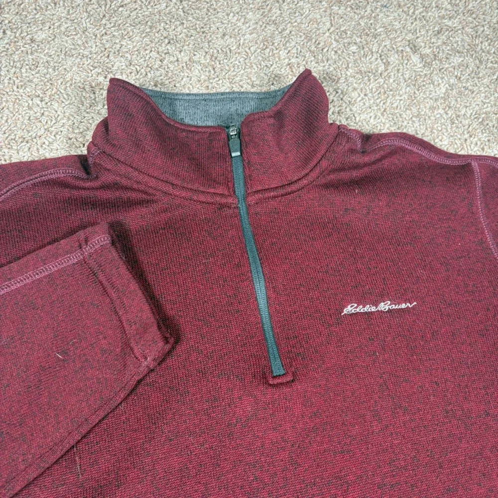 Eddie Bauer Mens TXL Quarter Zip Fleece‎ Pullover Burgundy Marled Sweater Knit